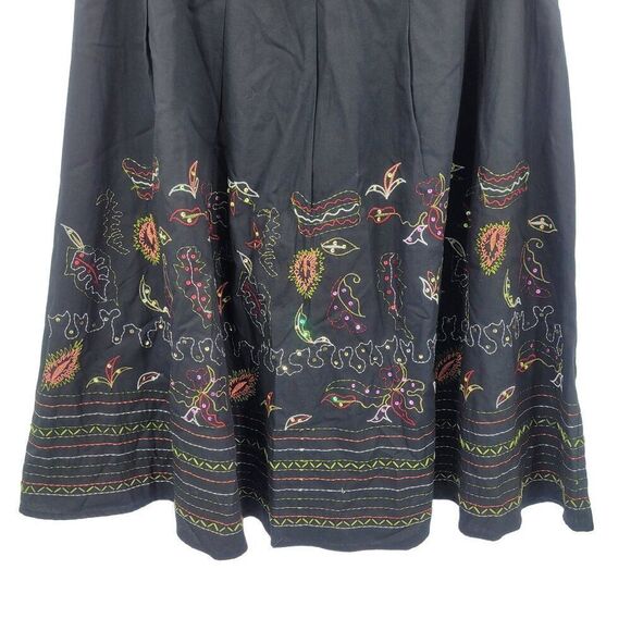 Vintage 90s Midi Skirt 12 Black Floral Embroidered Cotton A-line Full Boho - Picture 5 of 10